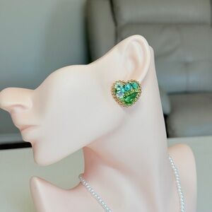 Gold-Trim Green Heart Cluster Stud Earrings